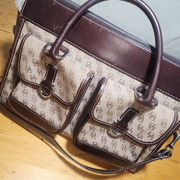 Dooney & Bourke Handbags - DOONEY & BURKE Monogram Signature Satchel Shoulder Bag Brown Leather